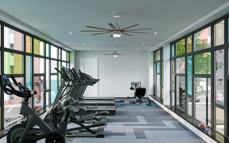 rendering of fitness center showing ample equipment